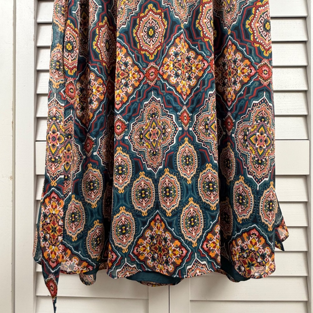 LOFT Midi Dress XL Teal Medallion Print Ruffle Split Neck Long Sleeve NEW - Picture 13 of 16